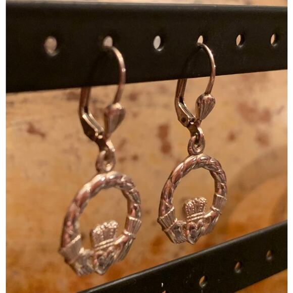 Sterling Silver Claddagh Earrings Made In Ireland - Picture 4 of 5